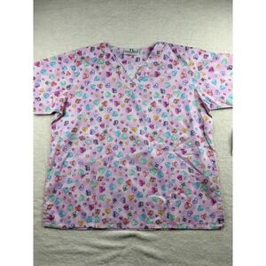 TL Uniforms Women's V Neck Scrub Top Size XL Purple With Hearts And Blocks
